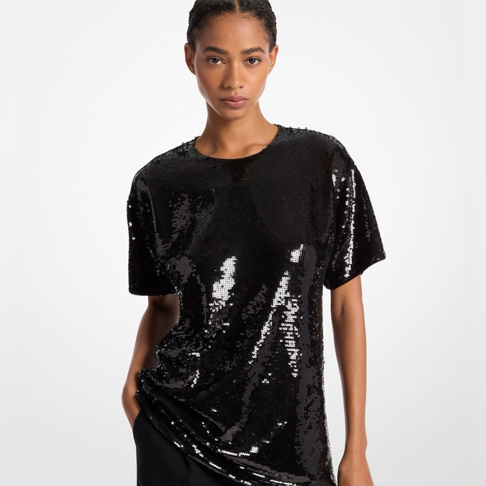 Michael Kors Sequined Jersey Oversized T-Shirt Black Sequin Women's Top Medium